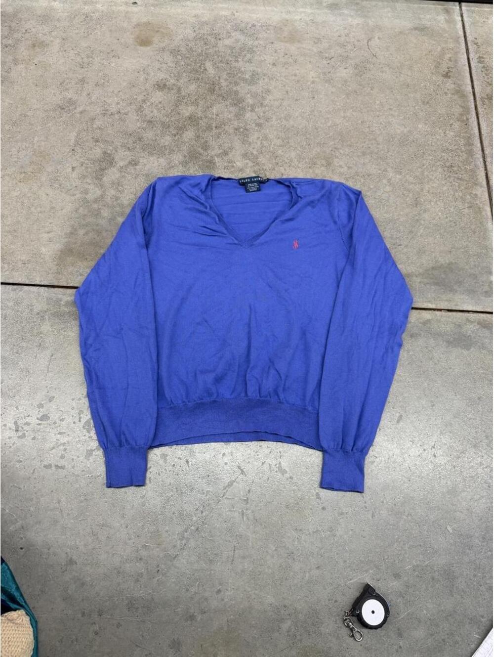 vintage ralph lauren blue and pink v neck knit sweater size xl WOMENS
